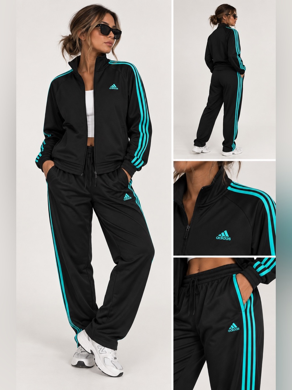adidas Women’s Black Track Jacket & Pants Set with Teal Stripes